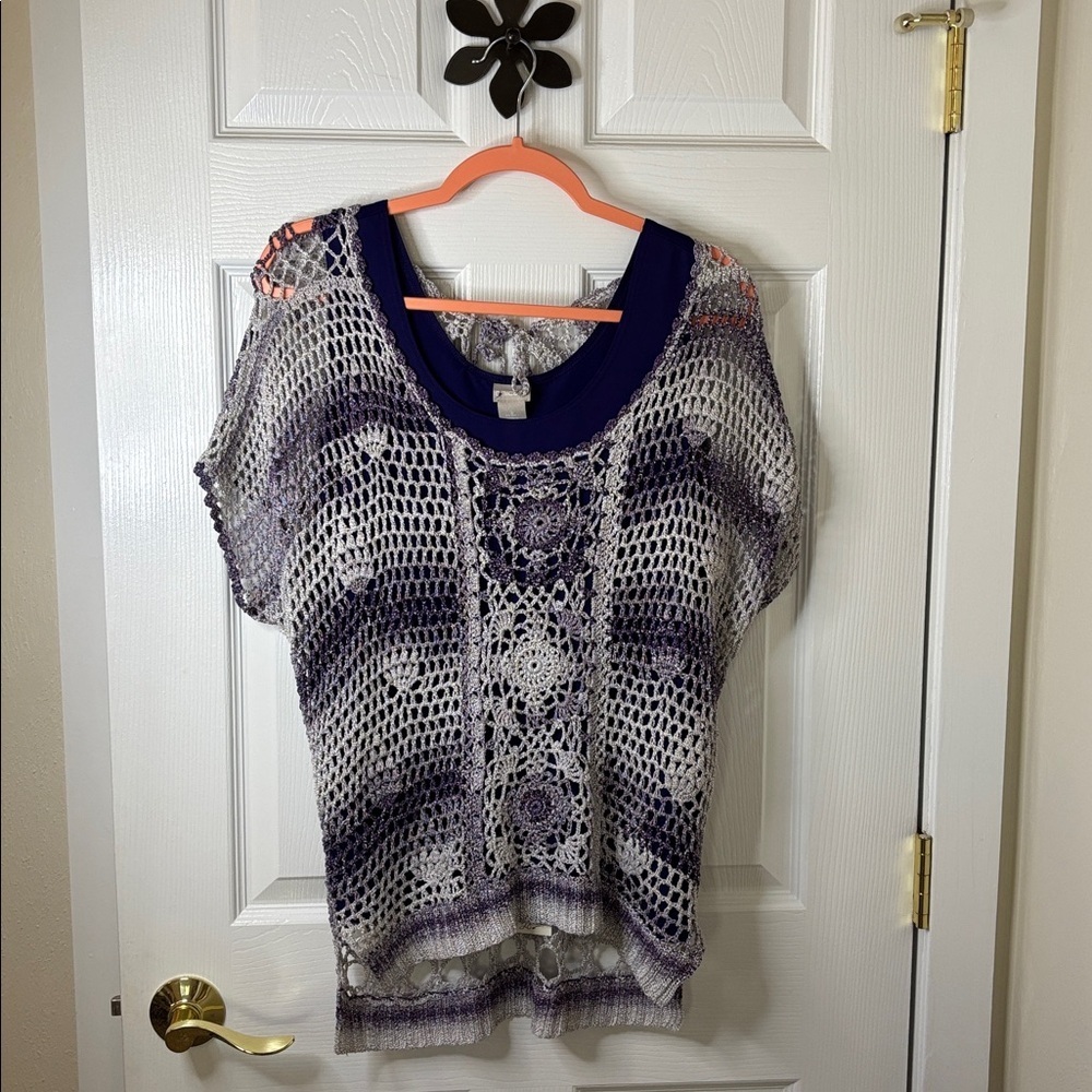 Fashque Purple and White Oversized Crochet TopTie Back Hi/Lo Front to Back XL